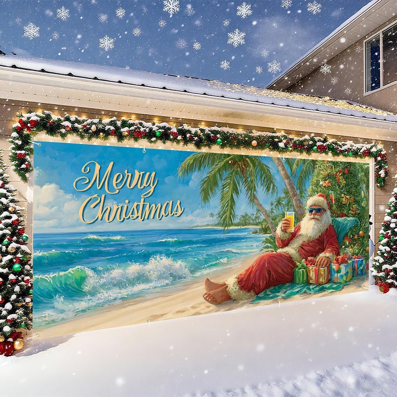 THISFIND Beach-Themed Merry Christmas Garage Door Banner – Tropical Santa Claus with Palm Trees & Gifts – Fun Holiday Outdoor Decor - Image 3